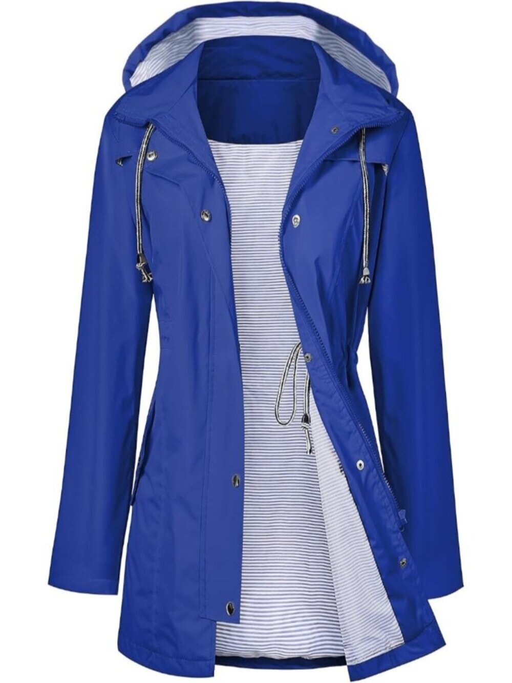 Women Blue Hooded Waterproof Adjustable Drawstring Windbreaker Trench Rain Coat